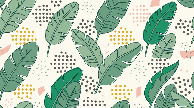 Vibrant tropical banana leaf pattern with playful dotted and geometric accents for lively decor or textile design projects
