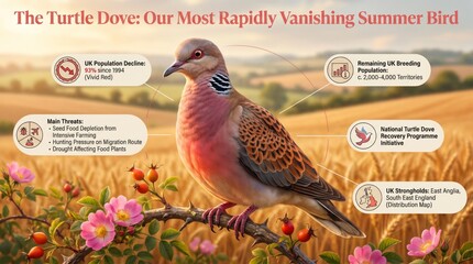 Turtle dove perched on summer hedgerow branch, UK's most rapidly declining bird conservation poster