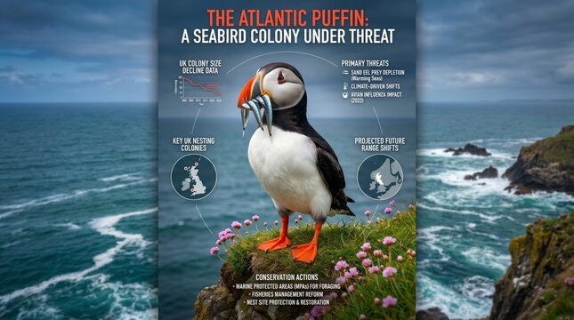 Atlantic puffin on sea cliff with sand eels in bill, UK seabird conservation poster