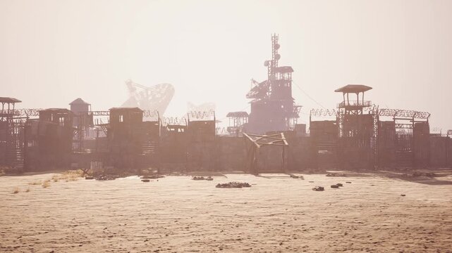 A vast, desolate industrial area sits amidst the desert sands. Broken structures and remnants of machinery emerge in the low light as dust twirls in the fading sunlight.