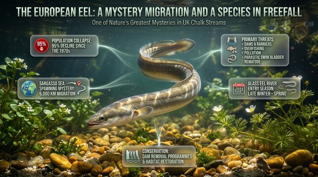 European eel in chalk stream, UK critically endangered fish conservation poster