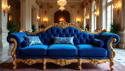Obraz premium Luxurious blue velvet sofa with ornate gold trim sits in opulent palace hall. Rich interior design features tufted upholstery, decorative pillows, elegant chandelier, classical architecture creating