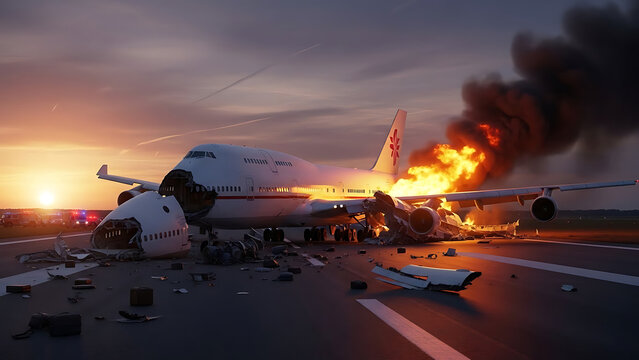 Catastrophic commercial aircraft crash on airport runway during emergency landing featuring blazing orange flames thick black smoke and scattered metallic wreckage debris on the tarmac surface