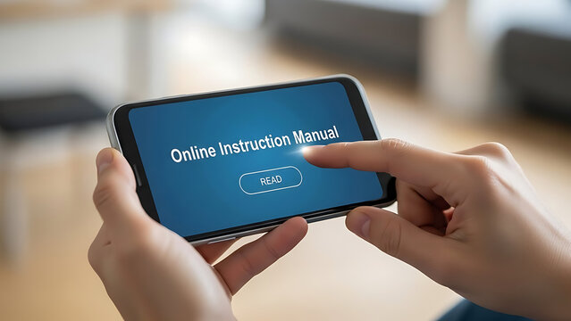 Close up view of a person holding a modern smartphone displaying a digital online instruction manual on the screen with a prominent blue read button for electronic user guide assistance.