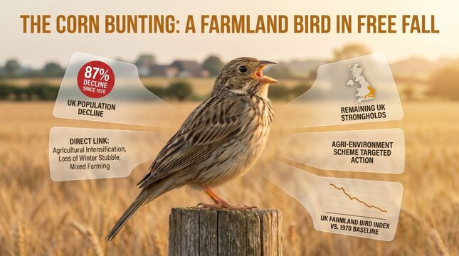 Corn bunting singing on farmland fence post, UK endangered farmland bird conservation poster