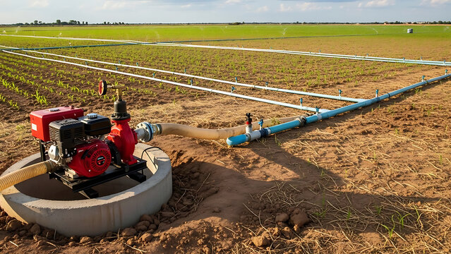 Agricultural irrigation system with specialized pumping equipment transporting harvested rainwater from a concrete storage well to rural crop field for efficient farming and hydration