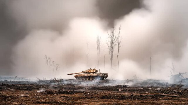 Tank maneuvering through a smoky battlefield with charred earth and sparse trees, showcasing the aftermath of conflict in a desolate landscape