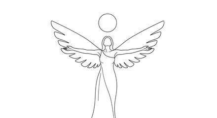 Fototapeta premium Elegant Angelic Figure with Wings and Halo Line Art Drawing.