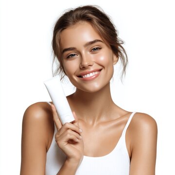 Radiant woman holding skincare product.