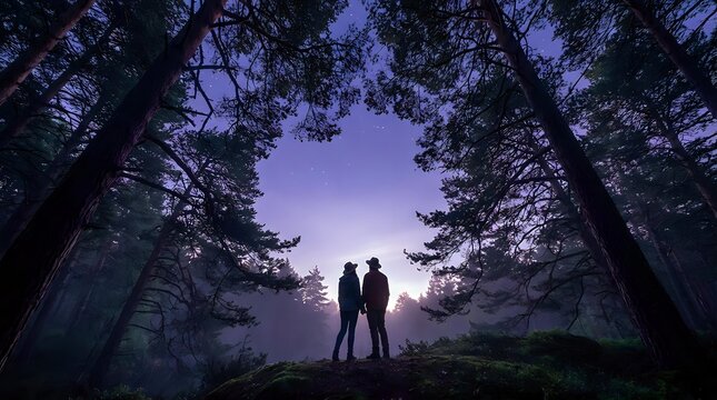 Silhouettes of two people standing together in a misty forest at dusk, surrounded by tall trees with purple twilight sky above, conveying connection and adventure.
