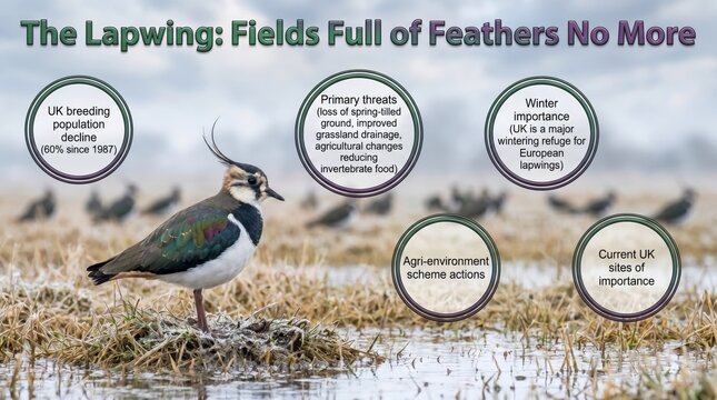 Lapwing with iridescent plumage in flooded winter field, UK endangered farmland bird conservation poster
