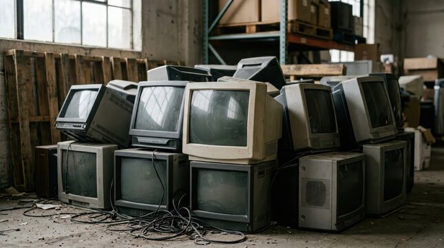 Stack of old electronic cathode ray tube television sets in a warehouse. Heap of discarded retro monitor equipment. Concept of e-waste recycling, technology obsolescence and past media.