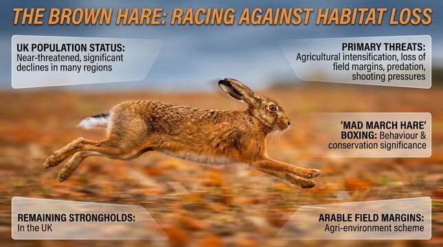 Brown hare in full-speed gallop across arable field, UK near-threatened mammal conservation poster
