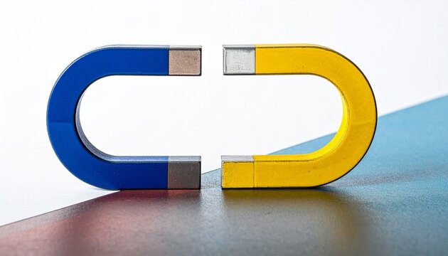 U-shaped horseshoe magnet divided into blue and yellow halves, labeled poles N and S, contrasting surfaces, emphasizing symmetry, polarity, and magnetic balance in visual composition.