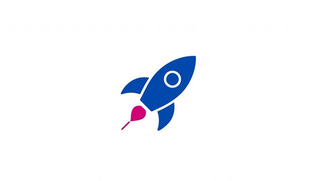 Blue rocket ship flying with a pink flame on white 4k