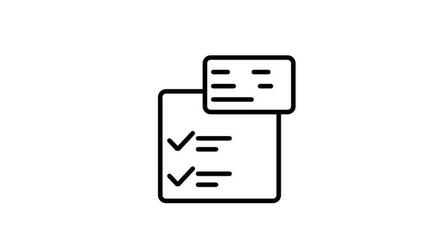 Animated line icon featuring a business project checklist document showing approved checkmarks and an attached identity card item detail.