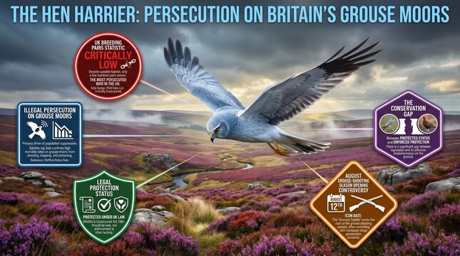Male hen harrier quartering over purple heather moor, persecuted UK raptor conservation poster