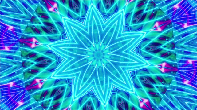 "Abstract kaleidoscope seamless loop background, colorful symmetrical mandala patterns and psychedelic motion graphics for VJ and backdrop."
