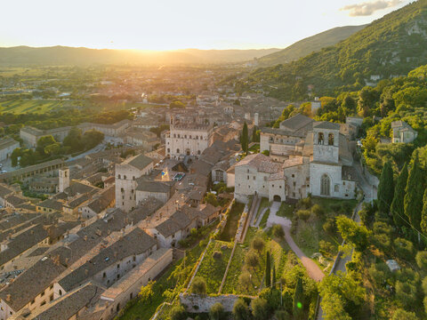 Aerial view of historic Gubbio town at sunset in Umbria, Italy