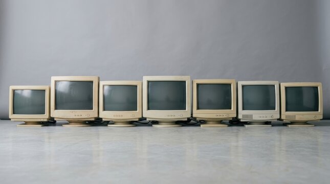 Row of old retro computer monitors on gray background. Vintage electronic equipment for desktop computing. Evolution of technology and computing hardware. Collection of obsolete devices.