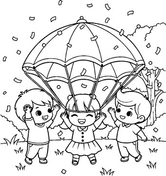 Happy children playing together under a parachute outdoors.