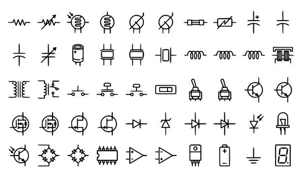 Radio electronic components line icon set with resistor capacitor transistor relay and semiconductor symbols vector illustration editable stroke