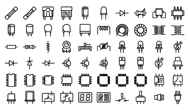 Electronic circuit components outline icon collection with fuse resistor capacitor transistor and relay vector set