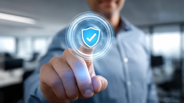 A business professional activating a digital security shield, symbolizing robust cybersecurity, enterprise protection, data trust, and access verification within a modern network system
