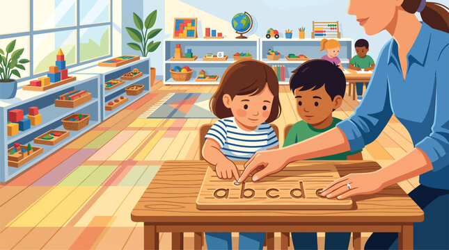 Teacher guiding young children in a classroom learning the alphabet.