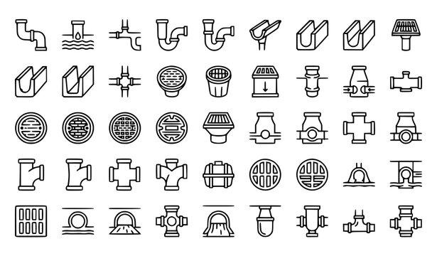 Drainage and sewage system line icon set with wastewater pipes rain gutters manhole covers and sewer symbols vector illustration editable stroke