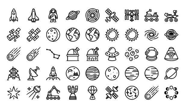 Space exploration monoline icon set with rockets planets astronauts telescopes and satellite symbols vector illustration editable stroke