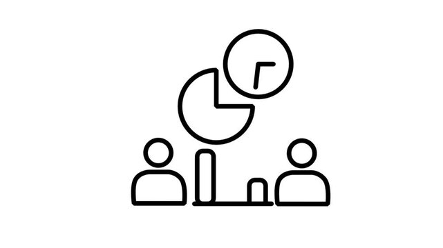 Animated line icon presenting a corporate team discussing a financial pie chart with a clock for quick project turnaround.