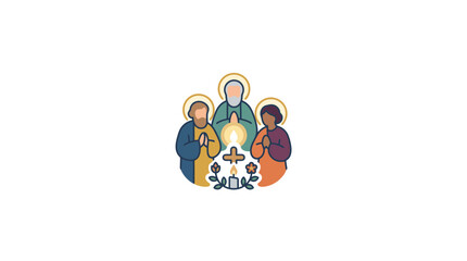 Fototapeta premium Religious Trinity Concept: Three Figures, Cross, Candle, and Flowers