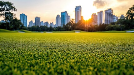 Obraz premium Sunlight casts a warm glow over a lush green golf course near towering city buildings
