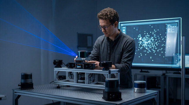 Professional Engineer Testing Lidar Sensor and Multi-Camera System in High-Tech Lab with Blue Laser Beams and Digital Point Cloud Data Visualization