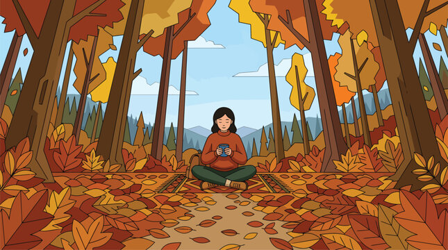 Woman sitting in a forest during autumn holding a book.