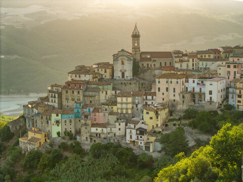 Stunning aerial view of Colledimezzo, Abruzzo, during a warm sunset, Italy