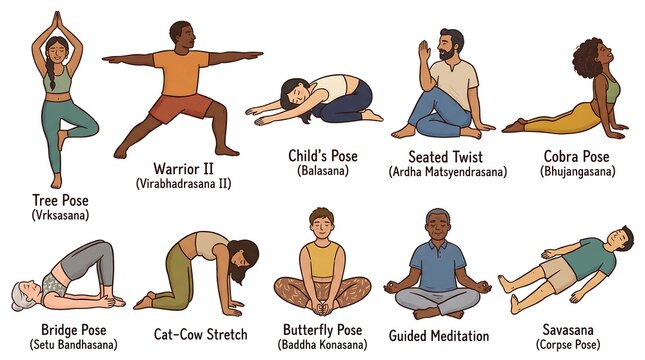 Illustrated guide showing various yoga poses with their names in English and Sanskrit, including tree pose, warrior II, child's pose, seated twist, cobra, bridge, and meditation.