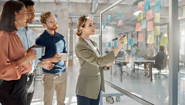 Team Brainstorming Session: A focused team of professionals collaborates around a glass board, using colorful sticky notes to brainstorm ideas and plan strategies in a modern office setting.