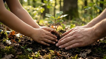 Fototapeta premium Multiple hands together carefully planting small green seedling tree in forest soil for environmental conservation ecology and sustainability concepts.