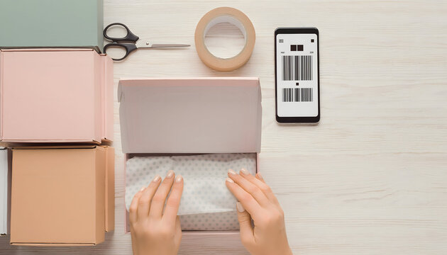 Unboxing the Future: Hands carefully prepare a gift box with delicate tissue paper, surrounded by packing tape, scissors, and a smartphone displaying a barcode.