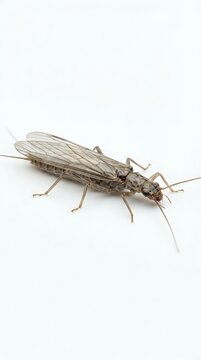 Mayfly insect isolated on white background, showing detailed wings, segmented body, and long tail filaments. Suitable for educational materials, entomology resources, and nature publications.
