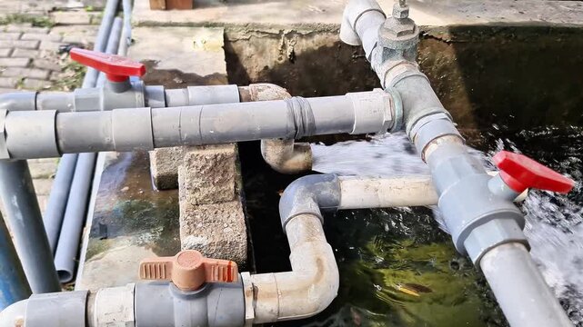 Sidoarjo, Indonesia - 13 June, 2026 : Industrial Outdoor Water Piping System with Flowing Water, PVC Pipes, and Red Control Valves for Irrigation and Water Management