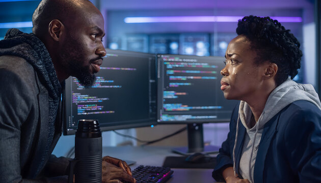 Intense Coding Session: Two diverse programmers, a man and a woman, intensely focus on multiple computer screens displaying lines of code.