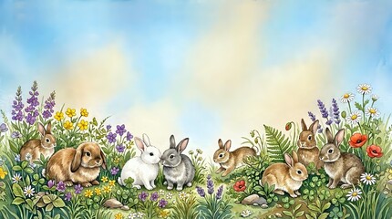 Obraz premium Young rabbits and bunnies gathered in wildflower meadow with purple lupines, yellow flowers, and green foliage. Suitable for children's illustrations, Easter designs, and nature-themed projects.