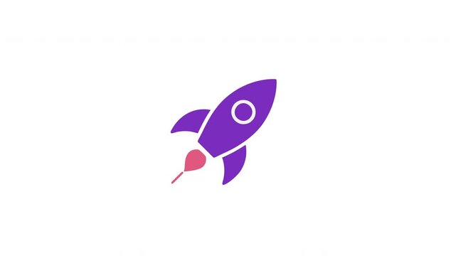 Purple rocket ship icon launching on white background 4k