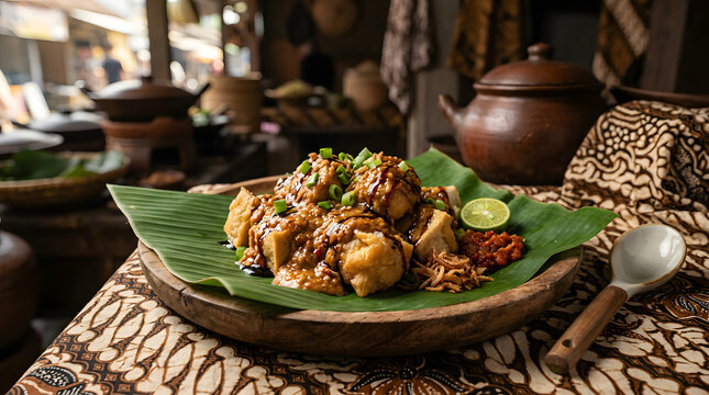 Traditional Indonesian tahu gejrot dish featuring fried tofu cubes served with spicy sweet soy sauce on a fresh green banana leaf
