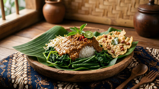 Delicious indonesian pecel rice dish featuring fresh vegetables peanut sauce and crispy crackers served on a rustic wooden plate