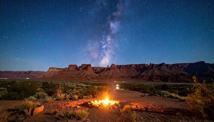 Fototapeta premium Night Sky and Milky Way Over Desert Landscape with Campfire