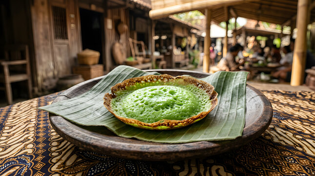 Traditional indonesian serabi pancake served on a rustic wooden plate with a vibrant green color and crispy golden brown edges